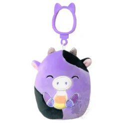 JazWares Squishmallow 3.5 Inch Alexie the Cow with Candy Corn Halloween Plush Clip - Owl & Goose Gifts| Plush Clips